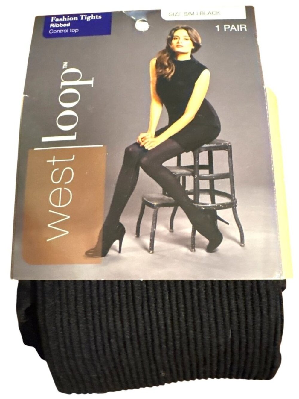 Women West Loop Black Fashion Ribbed Tights Small Mid-rise Control Top Panty NWT